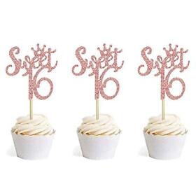 36 Pcs Rose Gold Glitter Sweet 16 Cupcake Toppers 16th Birthday Picks An