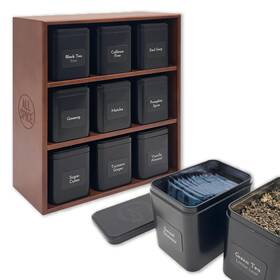 Ast9w Allspice Tea Organizer Rack With 9 Tins 160 Magnetic Labels Perfect For Ba