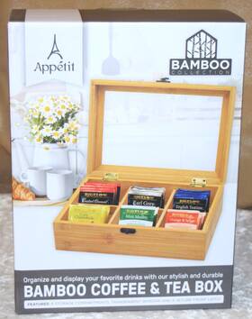 Appetit 041979211462 Bamboo Tea Box Holder With Transparent Window - 6 Compartments And Latch