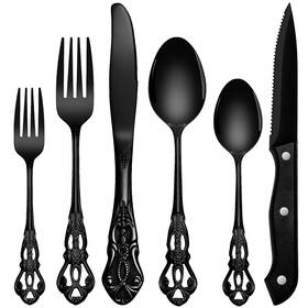 As01-48 Aswwid 48 Pieces Black Silverware Set For 8 Retro Royal Flatware With Steak Kni