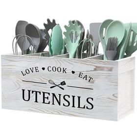 Atooge 758918075619 Extra Large Kitchen Utensils Holder With 4 Compartments Wooden Storage Utens
