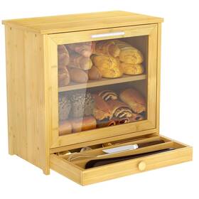 Bb-010-001 Bambition Bamboo Bread Box With Drawer Double Layer Window Large Capac