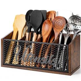 Kd022aa Banawey Extra Large Kitchen Utensil Holder With 4 Compartments Wooden Cooking Utensi