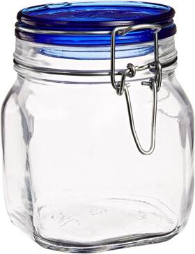 584650-149520m04321991 Bormioli Rocco Fido Square Jaw With Blue Lid 25.25 Ounce Clear