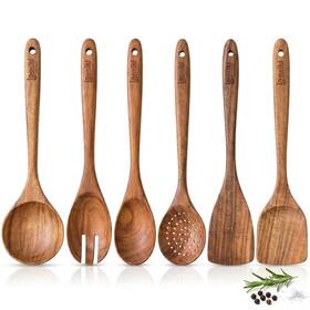 Boxiki Kitchen 628242552813 Luxury Teak Wood Utensil Set - Elegant 6-piece Cooking Ensembl