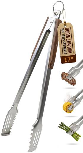 Boxiki Kitchen 628242553483 17-inch Grill Tongs Heavy Duty 304 Stainless Steel Bbq Extra-long Loc