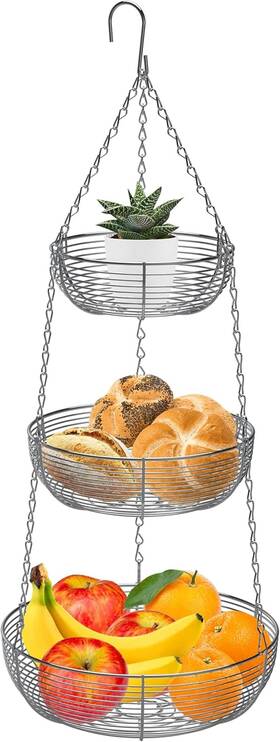 Caxxa 750440946795 3-tier Hanging Basket Fruit Organizer Kitchen Heavy Duty Wire Chrome