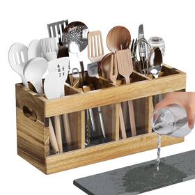 Cjj300 Chloraeon Acacia Rustic Wood Utensil Holder Extra Large Cooking With Drying Sto