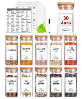 Bot102 Churboro 30 Pcs Spice Jars With Label- Glass Bamboo Lids And