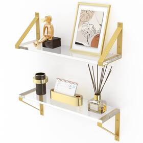 230424 Cilinta Clear Shelves Gold Floating Wall Mounted Set Of 2 8mm Transparent A
