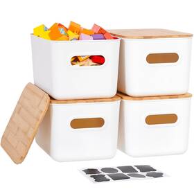 Citylife 975382512523 4 Pcs Storage Bins With Bamboo Lids Plastic Containers For O