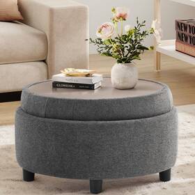 Vc-k311-dgy-fb Colamy Fabric Round Storage Ottoman With Reversible Tray Lid Multi-funct