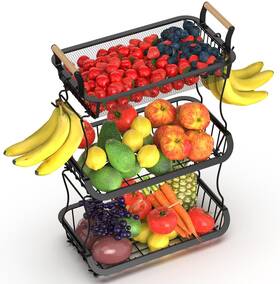 Crixny 658361299825 3 Tier Fruit Basket For Kitchen Counter With 2 Banana Hangers Large Bo