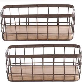 D-metalwirebasket-wob-2pc Dicunoy Set Of 2 Small Wire Baskets Narrow Rustic Storage Brown Wood Color