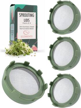 Elementi 744881282758 Sprouting Lids For Wide Mouth Mason Jars Set Of 4 Dark Green
