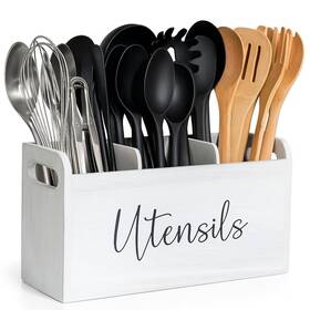 3-compartment Elevated Haven Utl-hld-1 White Kitchen Utensil Holder For Countertop Large Wooden O 3-compartment Elevated Haven Utl-hld-1 White Kitchen Utensil Holder For Countertop Large Wooden O