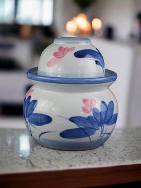 Festcool 796890576366 Porcelain Pickling Jar With 2 Lids Lotus Fermenting 7 Inch Blue