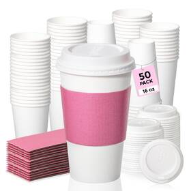 Faf300159 Fit Meal Prep 50 Pack 16 Oz Disposable Coffee Cups With Lids And Pink Sleeve Faf300159 Fit Meal Prep 50 Pack 16 Oz Disposable Coffee Cups With Lids And Pink Sleeve