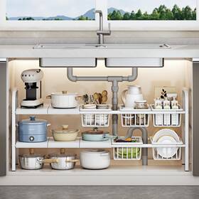 Fliqor 762716483361 Under Sink Organizer 2 Tier Expandable Heavy Duty Metal Shelf With