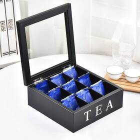 Fonture 791256570194 Wood Tea Storage Box Teabag Storing 9 Compartments Wooden Hinged Gla