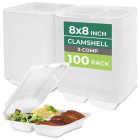 3-compartment Freshware Sc-c388x100 Clamshell Food Containers With Lids 8x8 Inch 100-pack