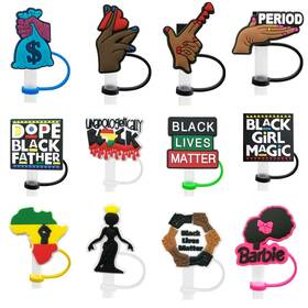 Lmq00000878 Ginyrerd 12pcs Cute Black Girl Straw Toppers Silicone One Size Color Mixing