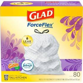 Glad 012587785331 Forceflex Tall Drawstring Trash Bags 13 Gallon Lavender 80 Ct