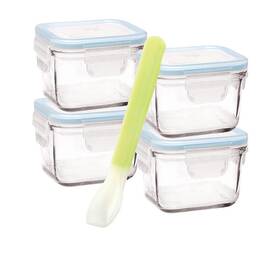 28097 Glasslock Square Baby Food Container 5pc Set With Spoon 210ml Transparent/green