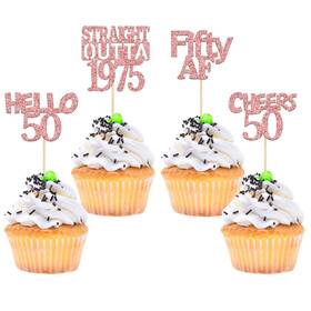 Zn0204-50 Gyufise Rose Gold 50th Birthday Cupcake Toppers Glitter Hello 50 Straight Out