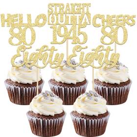 Zn0303-80-g Gyufise 24 Pack Gold 80th Birthday Cupcake Toppers Glitter Eighty Straight Ou