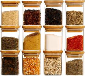 Hhmjsm 5oz 12pcs 12 Pcs Square Glass Spice Jars With Natural Bamboo Lids - 5oz Airtight Herb C
