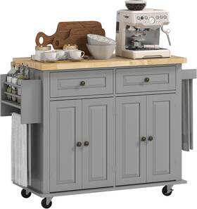 Uk801-161gy0331 Homcom Kitchen Island Cart With Rubber Wood Top Rolling Grey