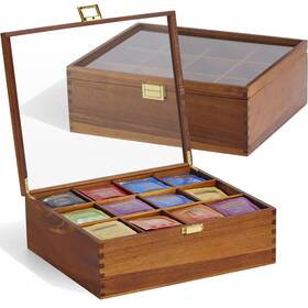 Housejoy 767791668825 Tea Bag Organizer Acacia Wood Box 12 Compartments Organiz