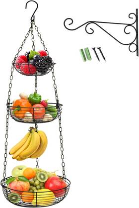 S0518 Hulisen 3 Tier Hanging Fruit Basket With Banana Hook Heavy Black-36 Inch