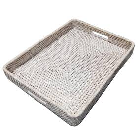 012174 I-lan 17 Inch Handwoven White Washed Natural Rattan Ottoman Serving Tray With Han