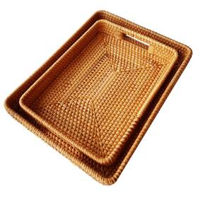 I-lan 782429192039 2 Pack Natural Rattan Serving Trays With Handles Handwoven Rectang