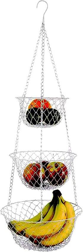 Ipstyle 749235411877 3 Tier Fruit Basket Hanging Vegetable Kitchen Storage Folding Silver