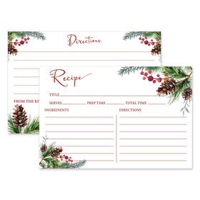 J9108 Jarthenaamcs 50 Pcs Christmas Recipe Cards Double Sided 4x6 Inch Red Pine Cones Berries