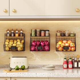 Gl17-3-bk Jautokerdar 3 Pack Fruit Basket For Kitchen With Wood Lid - Counter&wall Mounted Large