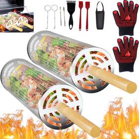 Jiarenqbb 635411198352 Nesting Rolling Grill Baskets 2pcs 304 Stainless Steel Bbq Tools With Removab