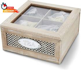 4-compartment Juvale 445018090057 Wooden Box For Tea Bags Organizer Cute Rustic Container With Clea
