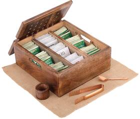 9-compartment Kitchen Science 641113363189 Wooden Tea Bag Organizer Dark Burnt Finish Storage Counte