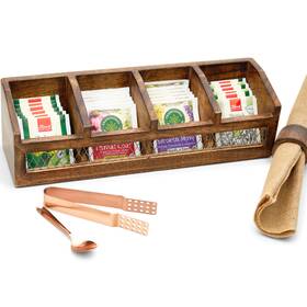 4-compartment Kitchen Science 641113364629 Tea Bag Box Natural Wood Dark Burnt Finish Storage Coun