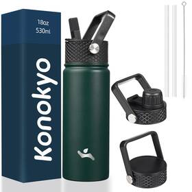 Konokyo 897114970840 18 Oz Insulated Water Bottle Stainless Steel Sport Bottles With 3 Lids Army G