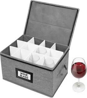 Lacinoeo 717813068195 Wine Glass Storage Box With Dividers - Holds 12 Grey