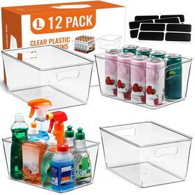 Landneoo 12-tmsnh-l 12 Pack Large Clear Storage Bins With Handles And Labels Multiuse Plastic Pant