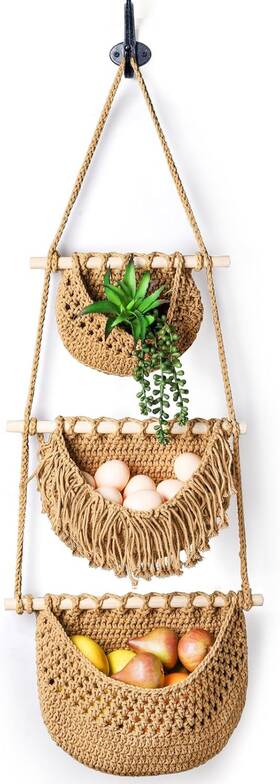L-tieredhangingbasket-3tier Lawei 3 Tier Hanging Fruit Basket Wall Vegetable Baskets Brown