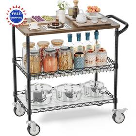 Leteuke 745978754127 Rolling Kitchen Carts 3tier Heavy Duty Utility Cart Wood Tabletop Nsf