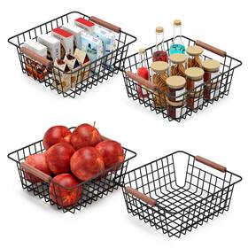 Cc-fb2-01 Light Dust 4 Pack Wire Baskets For Pantry Storage - Black Metal Bin With Beech W
