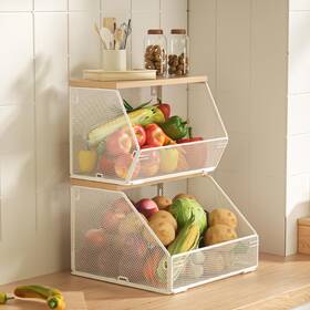 Wssgl12 Litwaro Fruit Basket For Kitchen Wire Baskets With Wood Lid Wall Mounted Produce Bas